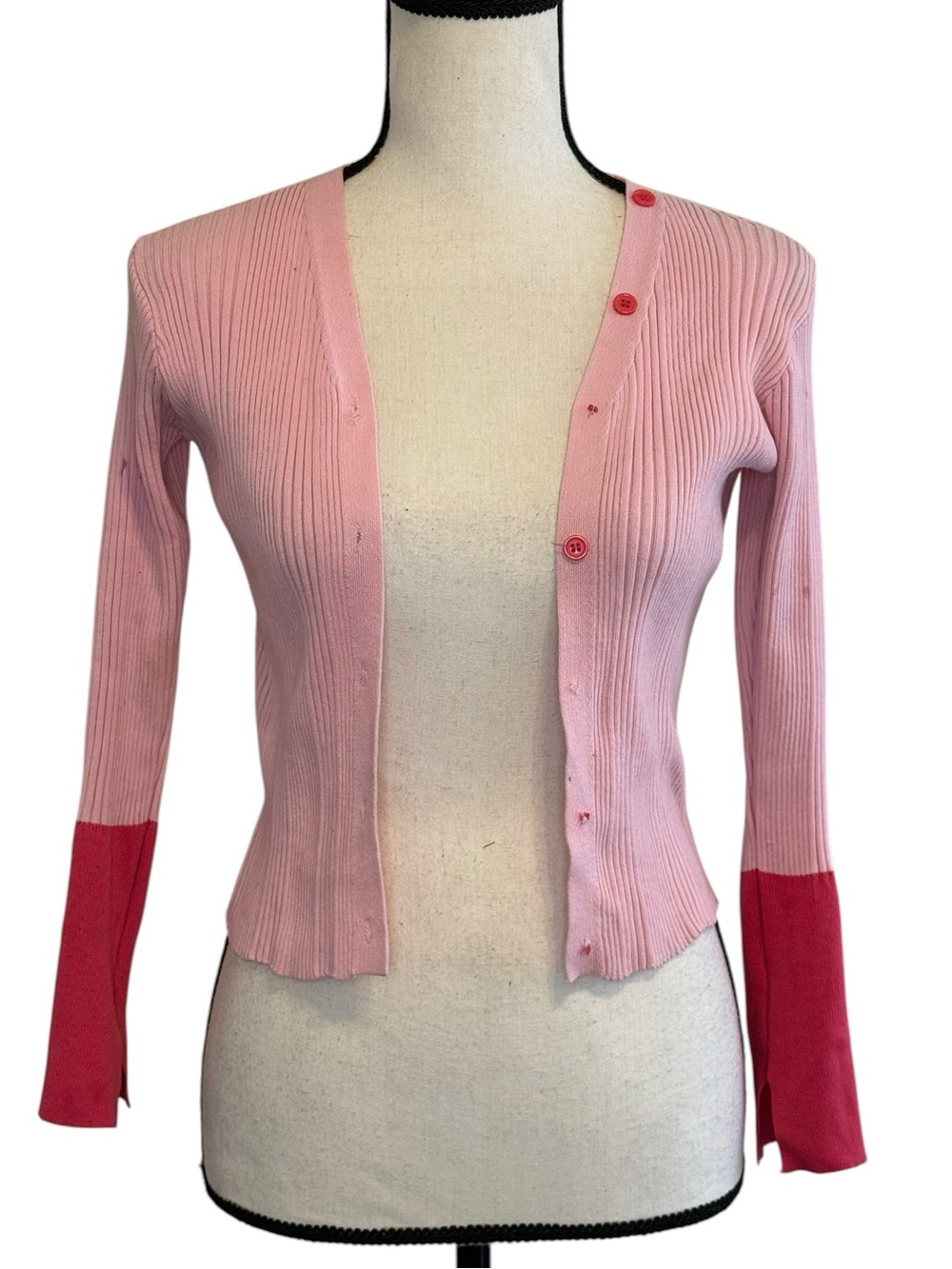 Pink Two-Tone Ribbed Button Cardigan sweater